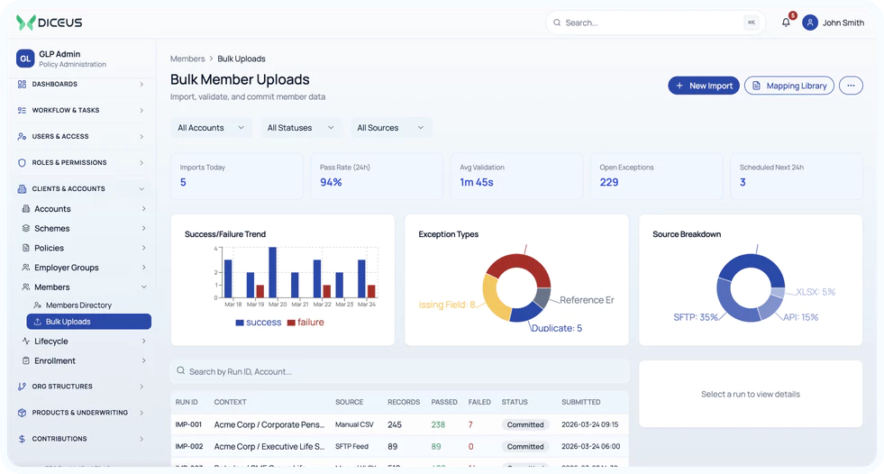 Pension administration software bulk member uploads dashboard