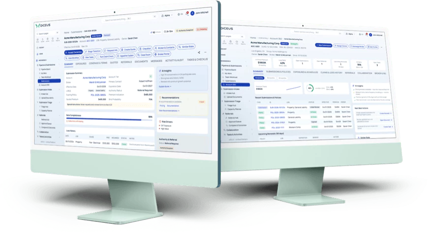 Underwriting workbench screens: submission summary and account 360