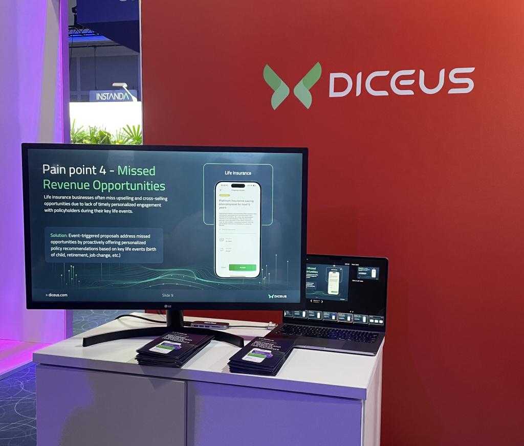 DICEUS booth with product demo screen